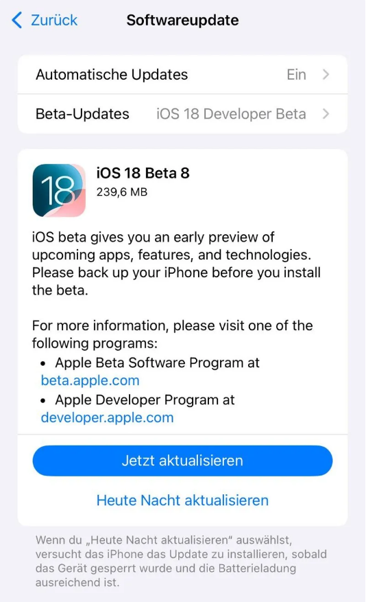 杨林街道苹果手机维修分享苹果 iOS / iPadOS 18 开发者预览版 Beta 8 发布 